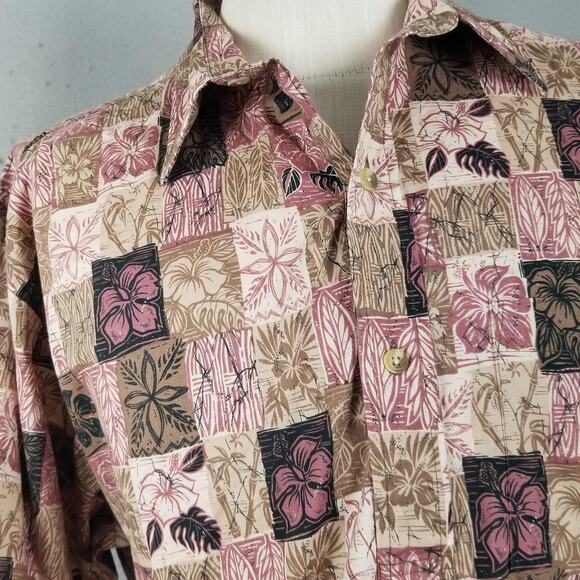 ONO & Company Shirt Mens 2XL Brown Pink Hawaiian Floral Print Cotton Lawn Summer - Picture 4 of 11